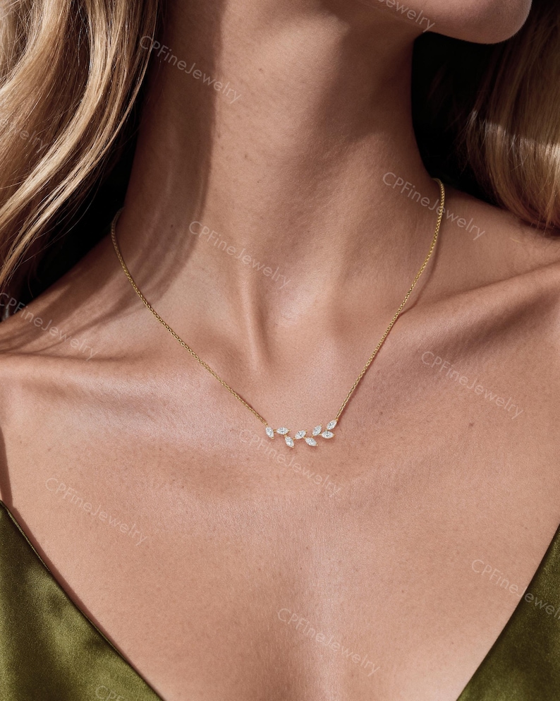 Diamond Leaf Necklace, Dainty Gold Pendent, Moissanite Birthday Gift by CPFineJewelry image 2