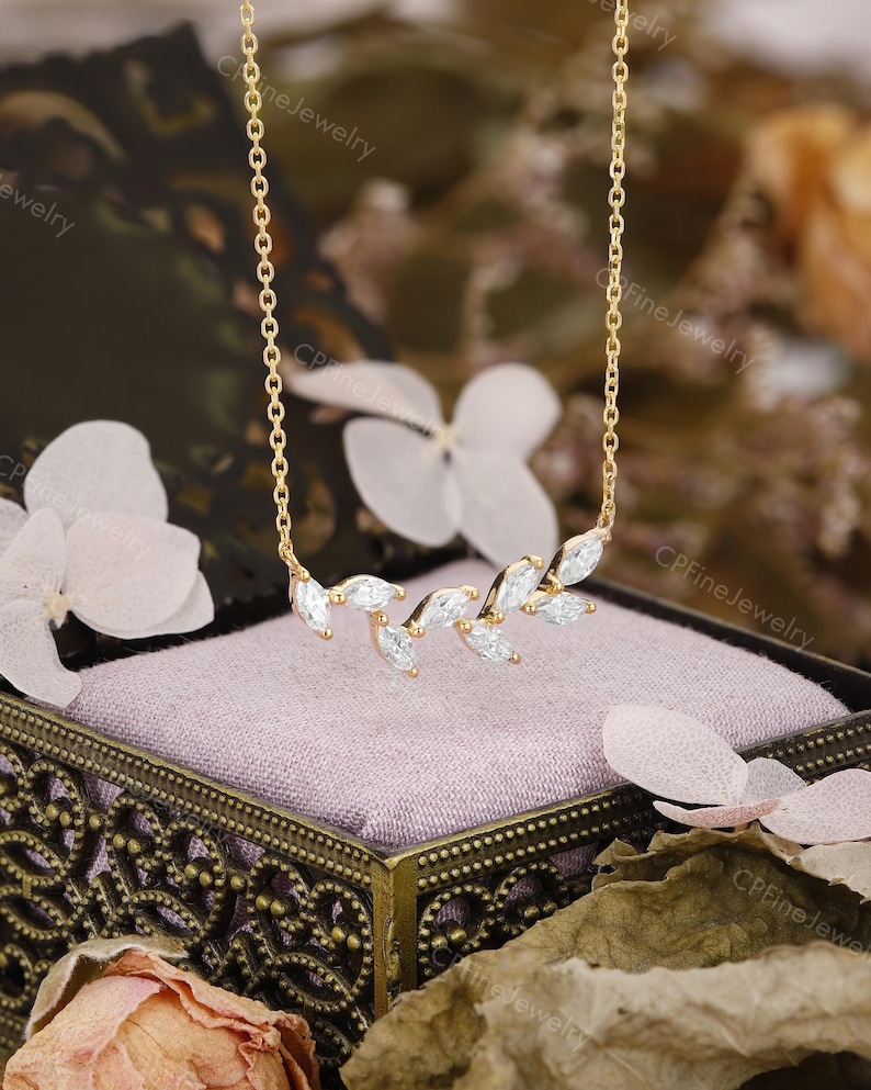 Diamond Leaf Necklace, Dainty Gold Pendent, Moissanite Birthday Gift by CPFineJewelry image 5