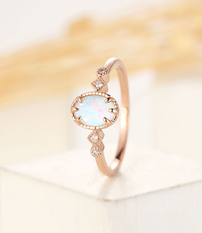 Vintage opal engagement ring oval cut, art deco milgrain diamond ring, rose gold ring, prong set ring, promise ring, anniversary ring image 5