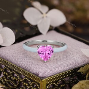 Love Heart Engagement Ring, Pink Sapphire Ring, Blue Enamel Ring by CPFineJewelry image 8