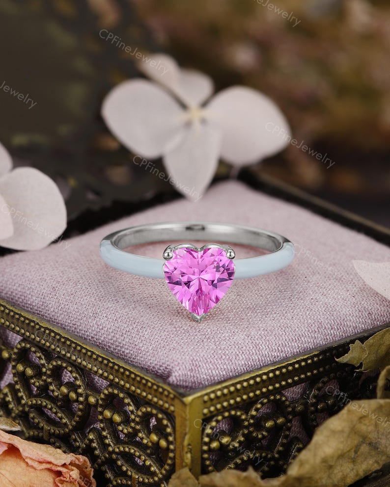 Love Heart Engagement Ring, Pink Sapphire Ring, Blue Enamel Ring by CPFineJewelry image 8