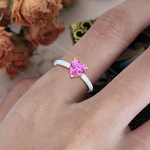 Love Heart Engagement Ring, Pink Sapphire Ring, Blue Enamel Ring by CPFineJewelry image 2