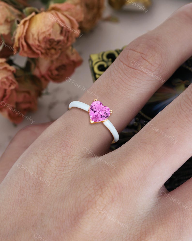 Love Heart Engagement Ring, Pink Sapphire Ring, Blue Enamel Ring by CPFineJewelry image 2