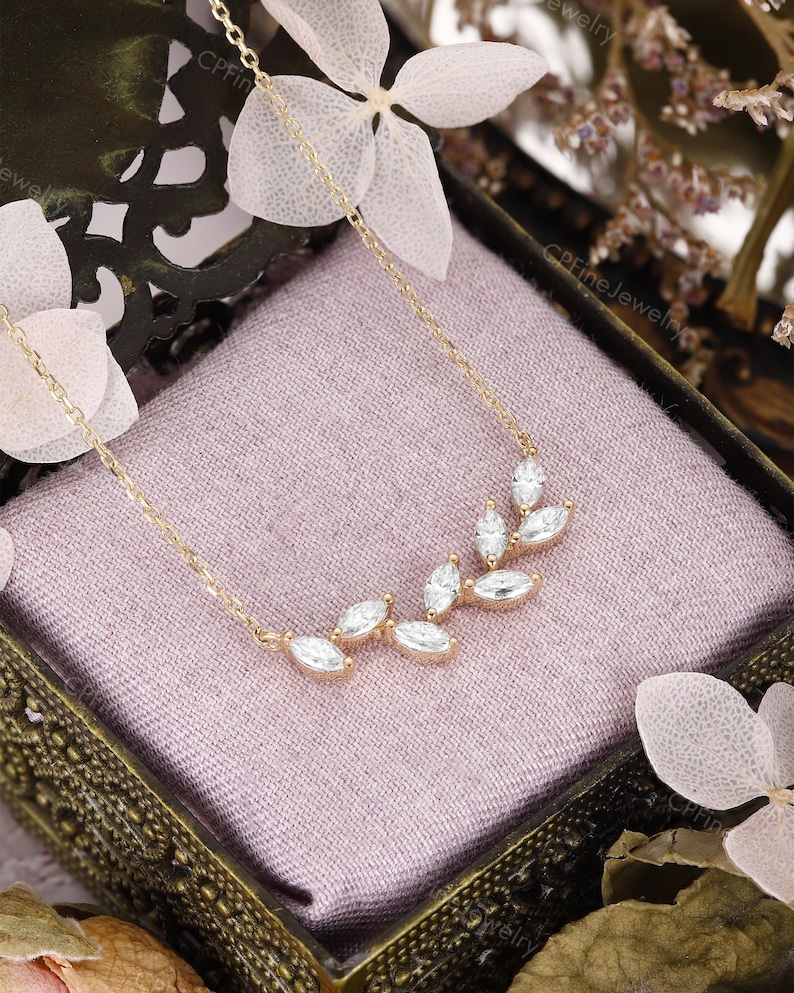 Diamond Leaf Necklace, Dainty Gold Pendent, Moissanite Birthday Gift by CPFineJewelry image 7