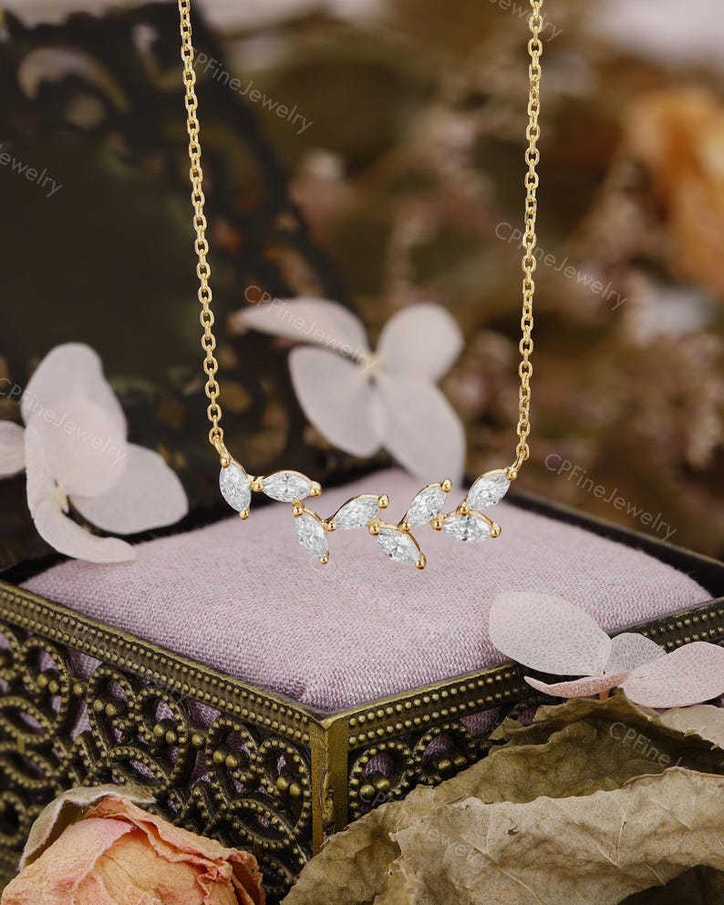 Diamond Leaf Necklace, Dainty Gold Pendent, Moissanite Birthday Gift by CPFineJewelry image 4