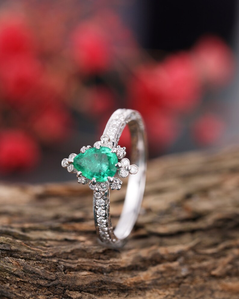 Emerald Engagement Ring Pear Shaped White Gold Ring Unique Etsy