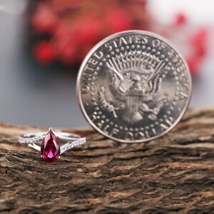 Vintage ruby engagement ring pear shaped ruby rings white gold split band art deco diamond anniversary ring unique bridal promise ruby ring image 2