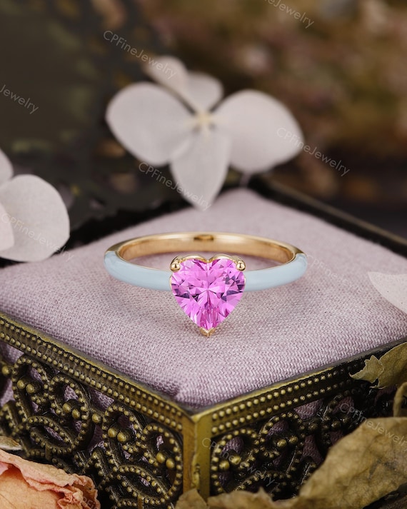 Love Heart Engagement Ring, Pink Sapphire Ring, Blue Enamel Ring by CPFineJewelry