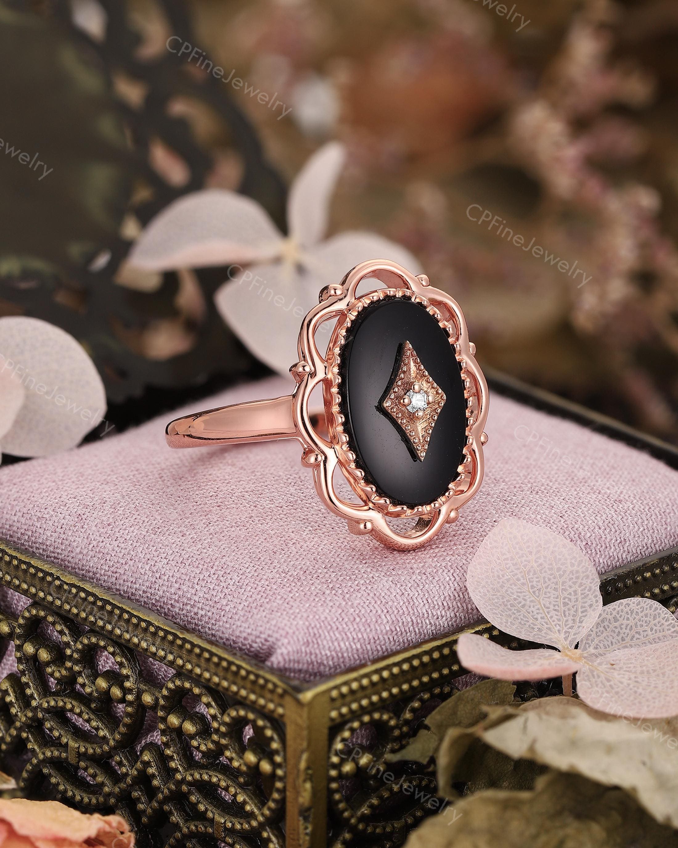 Black Onyx Statement Ring, Milgrain Cocktail Ring, Flower