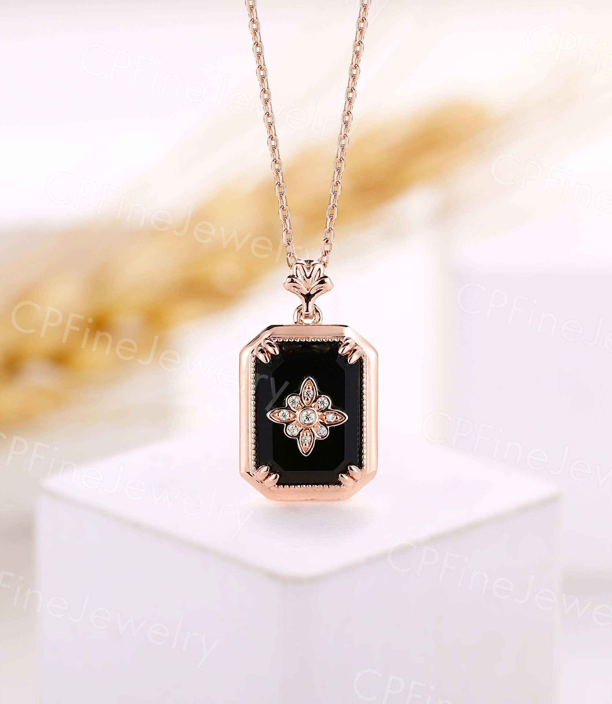 Vintage achteckige schwarze Onyx Anhänger Roségold Kette einzigartige Milgrain Halskette Runde Diamant Anhänger Jubiläum Versprechen Anhänger