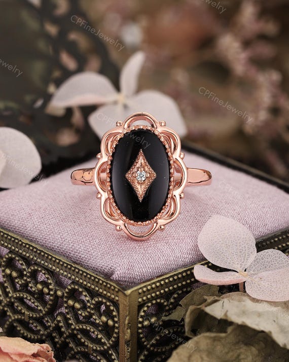 Black Onyx Statement Ring, Milgrain Cocktail Ring, Flower