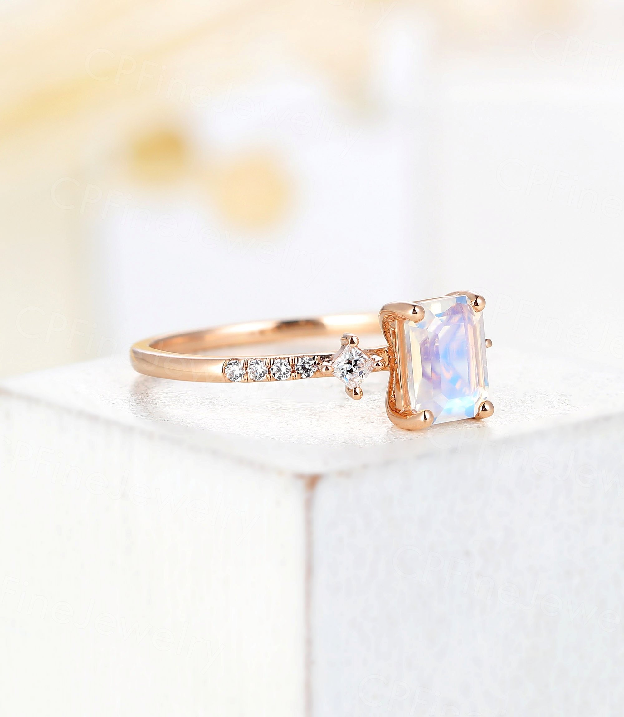 Emerald Cut Moonstone Engagement Ring with Princess cut Etsy