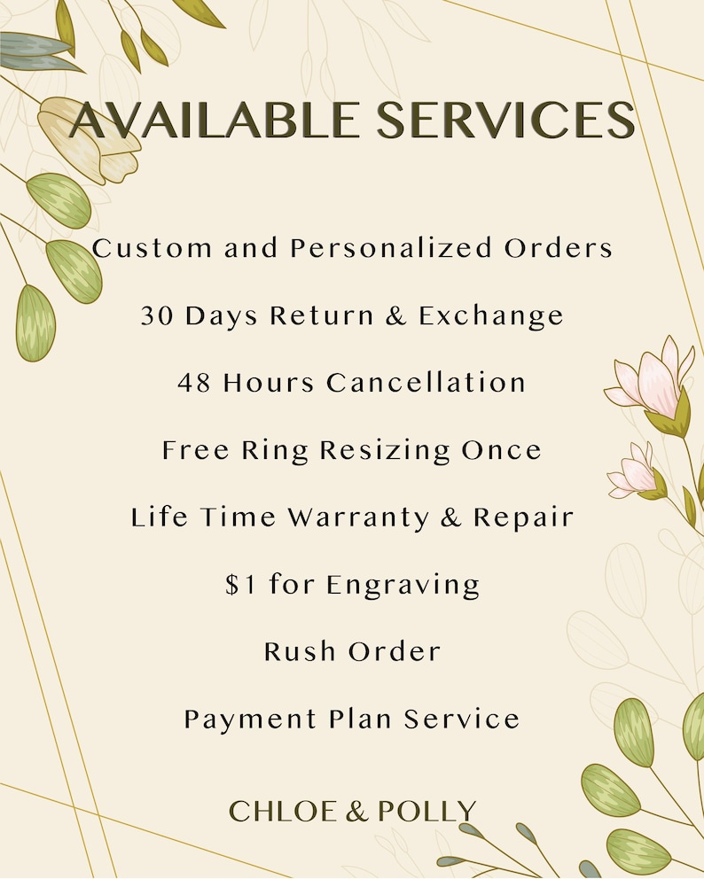 Puede incluir: Un gr&aacute;fico color crema con el texto "SERVICIOS DISPONIBLES" y una lista de servicios que incluyen pedidos personalizados, devoluciones y grabado. Ilustraciones florales y de hojas enmarcan el texto. El nombre de la empresa "CHLOE & POLLY" est&aacute; en la parte inferior.