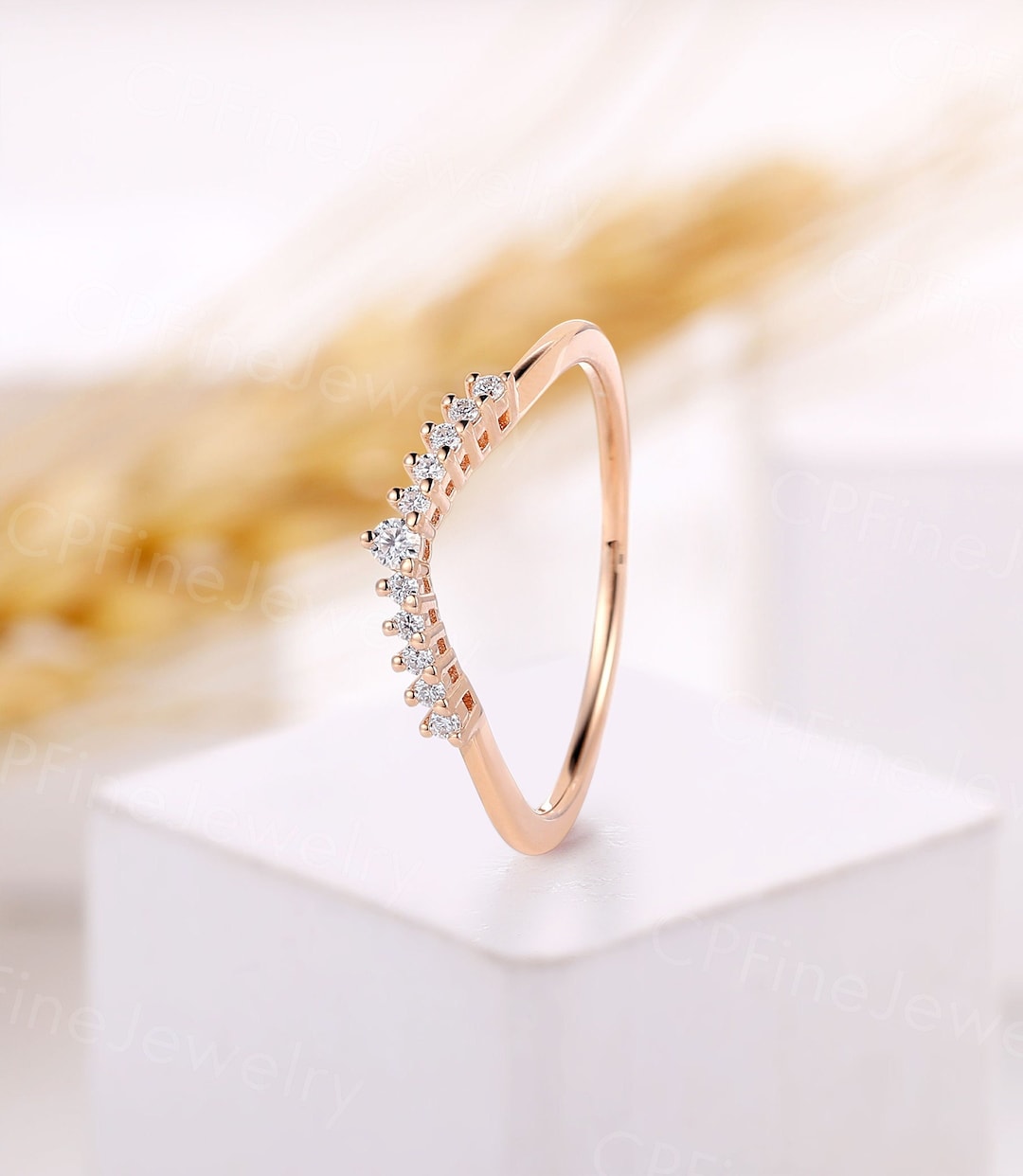 Diamond Curved Wedding Band Rose Gold Moissanite Chevron Stacking Band ...