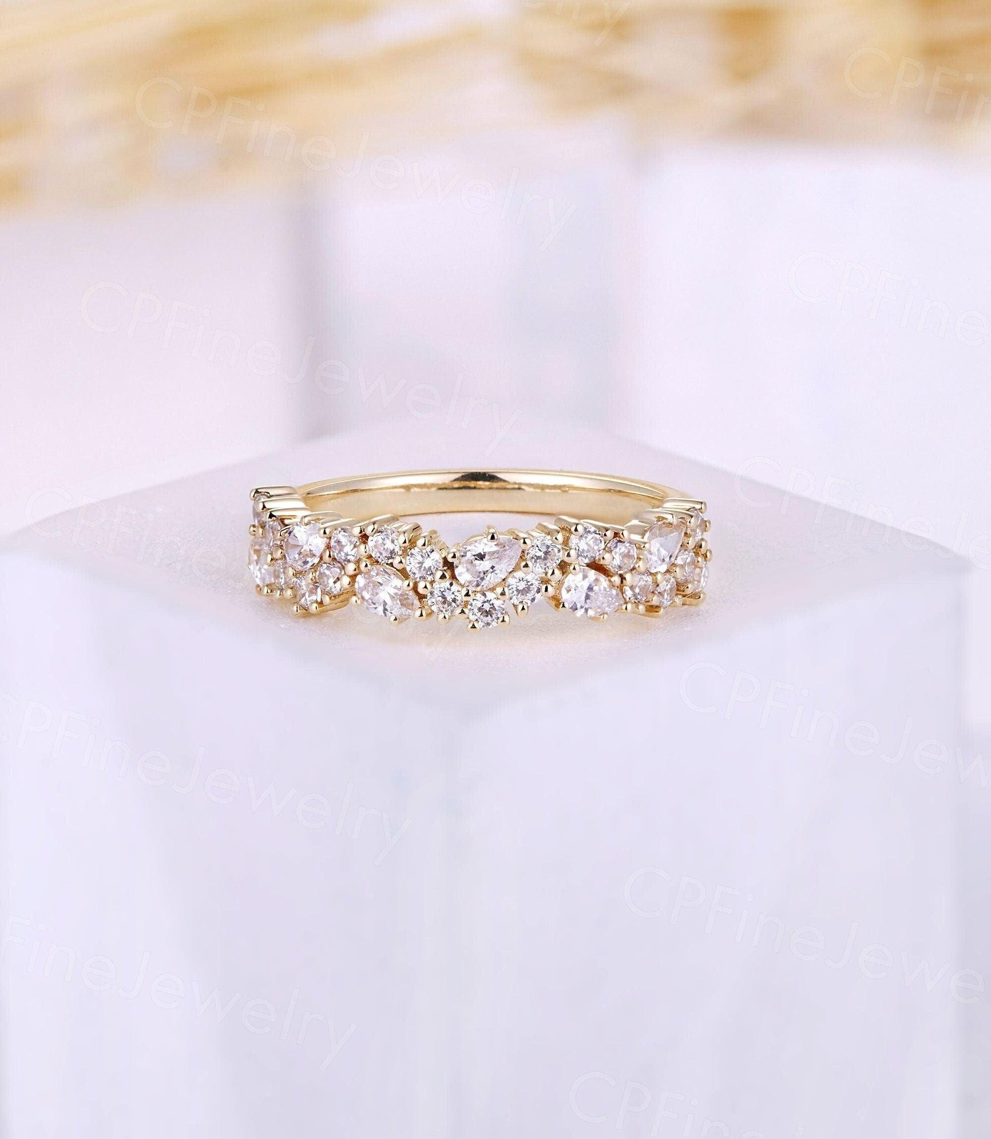 Stunning Moissanite Wedding Band Cluster CZ Wedding Ring Pear Stacking Band Matching Yellow Gold Band Anniversary Gift for Her