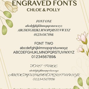 May include: A beige graphic with the text "ENGRAVED FONTS" and the names "CHLOE & POLLY". The image displays three font styles, each showcasing uppercase and lowercase alphabets, numbers, and the ampersand symbol. Floral illustrations adorn the borders.