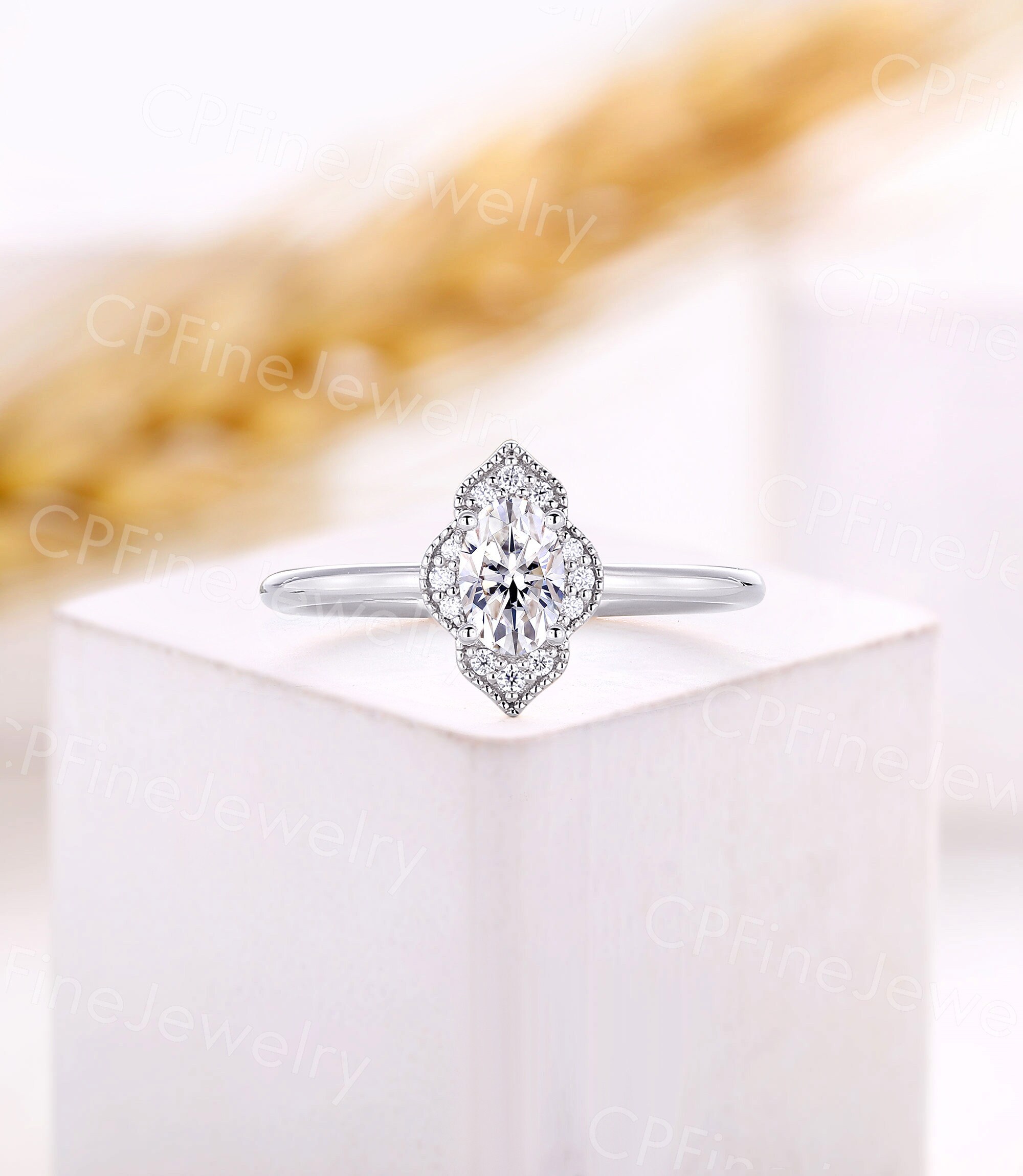 Oval Shape Moissanite Engagement Ring Rose Gold Milgrain Ring Vintage Round Diamond Halo Ring Unique Anniversary Promise Bridal Ring