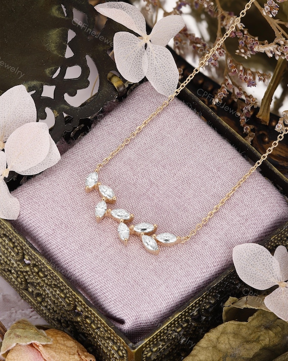 Diamond Leaf Necklace, Dainty Gold Pendent, Moissanite Birthday Gift  by CPFineJewelry