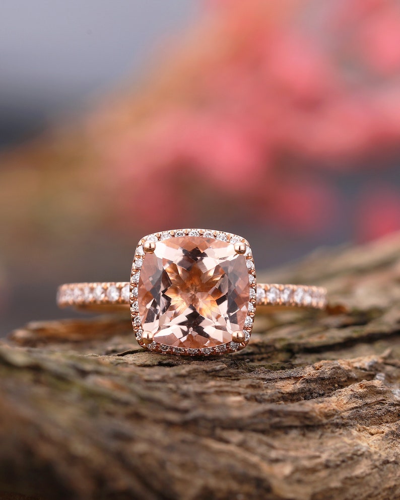 Vintage Morganite engagement ring rose gold ring, art deco cushion cut wedding ring bridal ring ,halo set diamond ring,Anniversary ring imagem 1