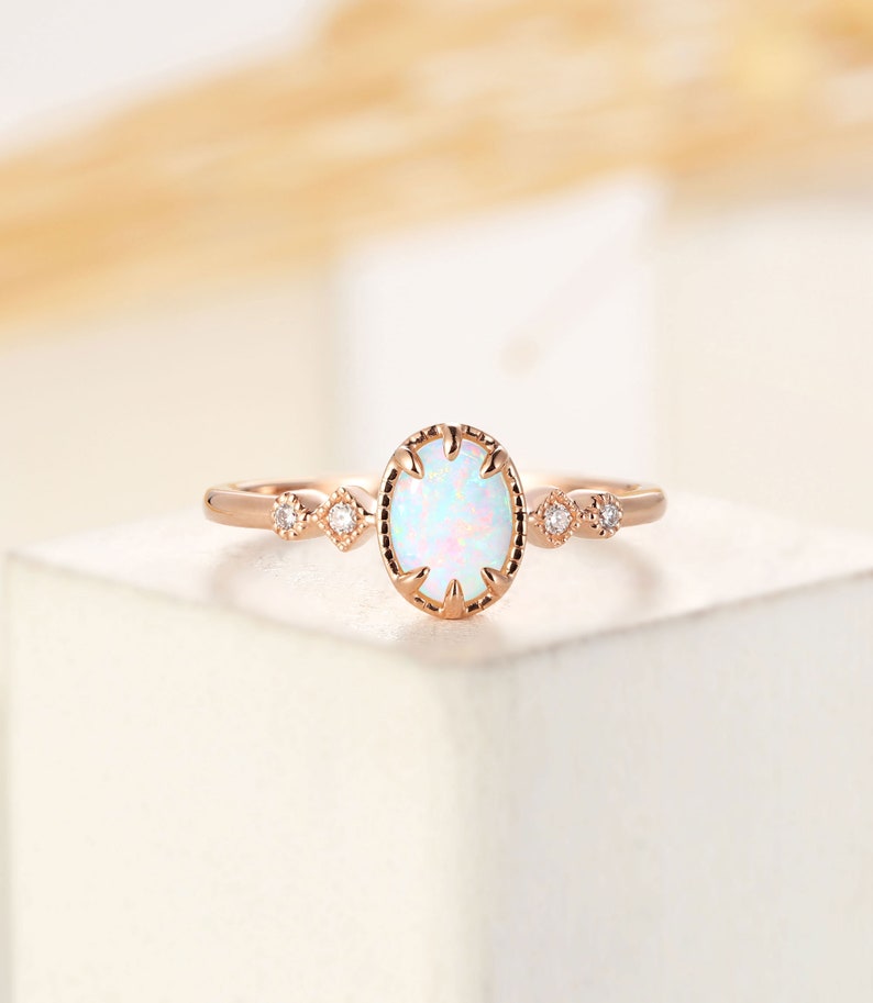Vintage opal engagement ring oval cut, art deco milgrain diamond ring, rose gold ring, prong set ring, promise ring, anniversary ring image 1