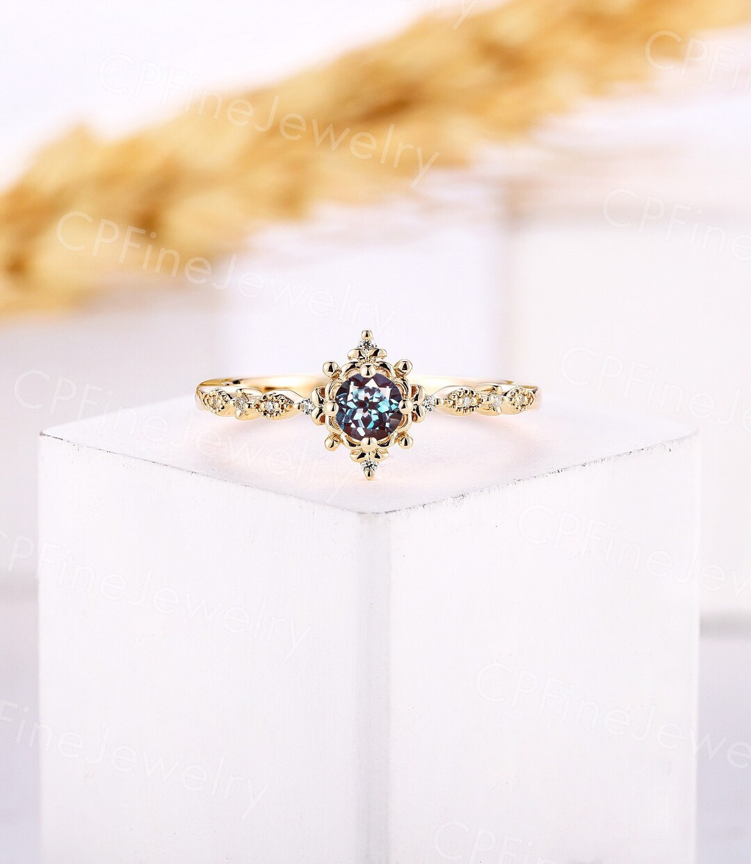 Round Alexandrite Engagement Ring Vintage Yellow Gold Milgrain
