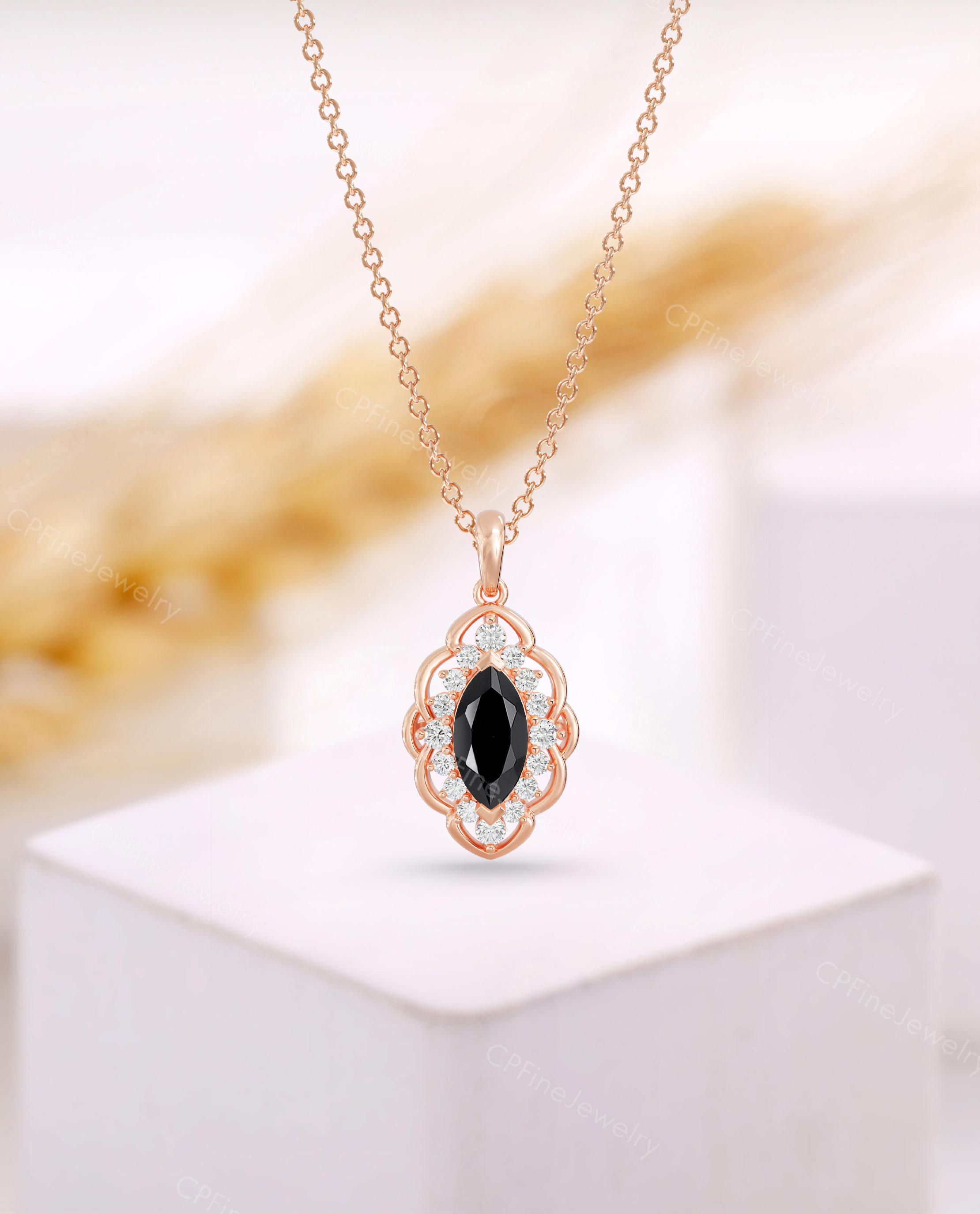 Vintage Black Onyx Necklace - Rose Gold Marquise Cut Moissanite Halo Pendant - Gothic Medallion Statement Jewelry by CPFineJewelry