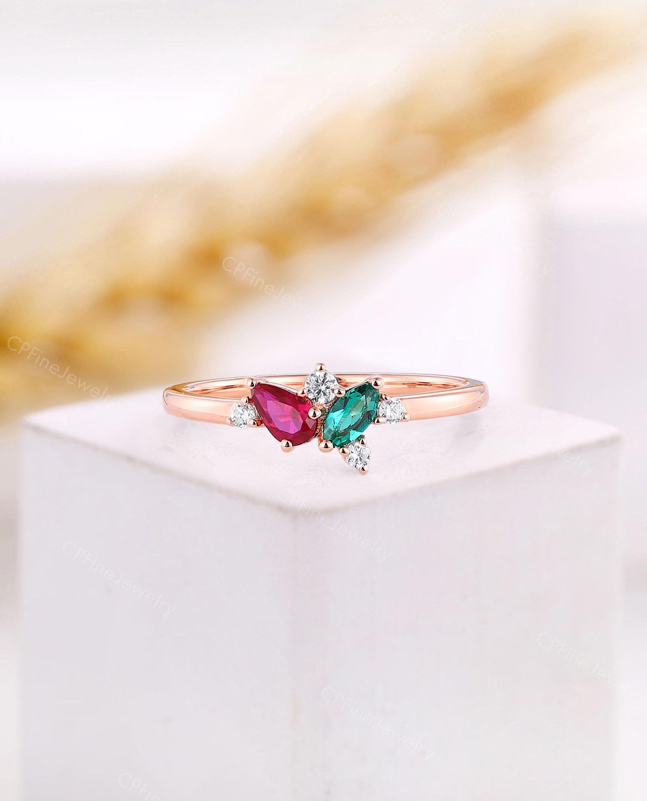 Colorful Cluster Minimalist Engagement Ring Ruby Emerald Rose