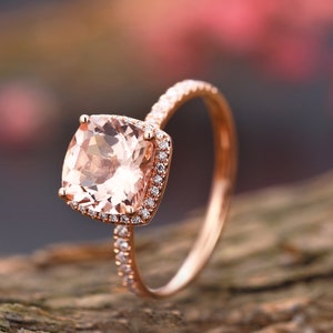 Vintage Morganite engagement ring rose gold ring, art deco cushion cut wedding ring bridal ring ,halo set diamond ring,Anniversary ring imagem 4