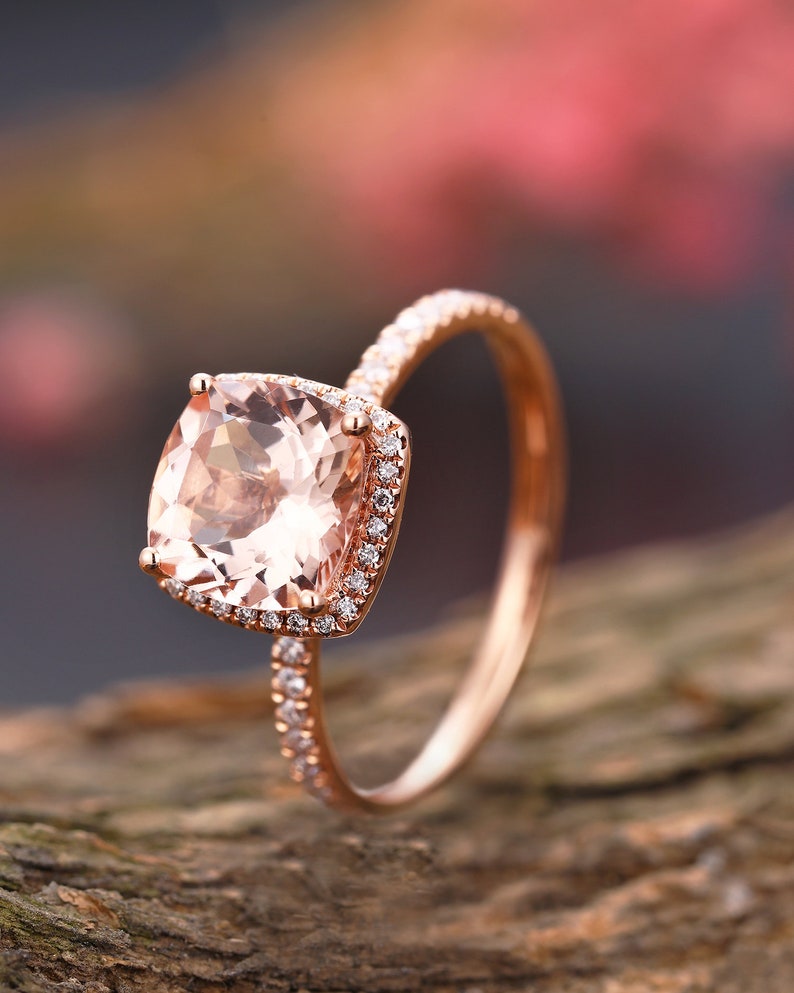 Vintage Morganite engagement ring rose gold ring, art deco cushion cut wedding ring bridal ring ,halo set diamond ring,Anniversary ring imagem 4