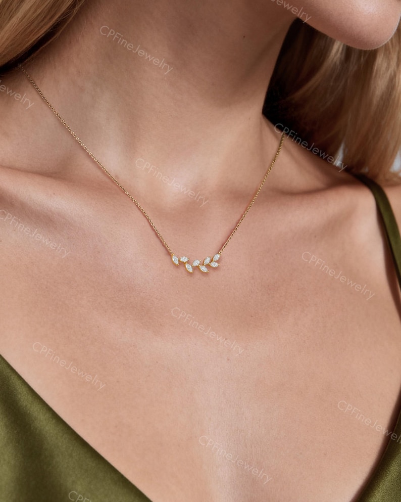 Diamond Leaf Necklace, Dainty Gold Pendent, Moissanite Birthday Gift by CPFineJewelry image 3