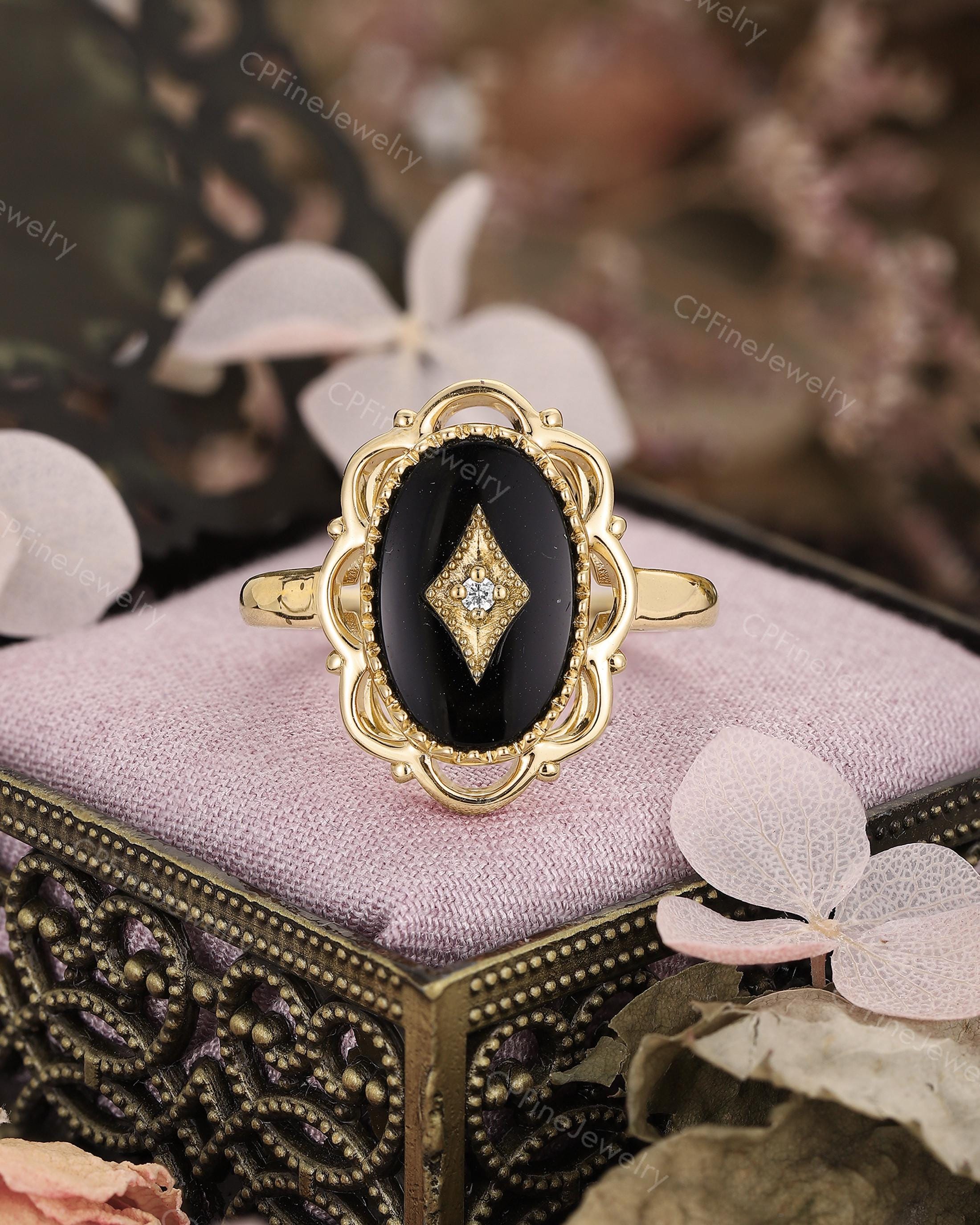 Black Onyx Statement Ring, Milgrain Cocktail Ring, Flower