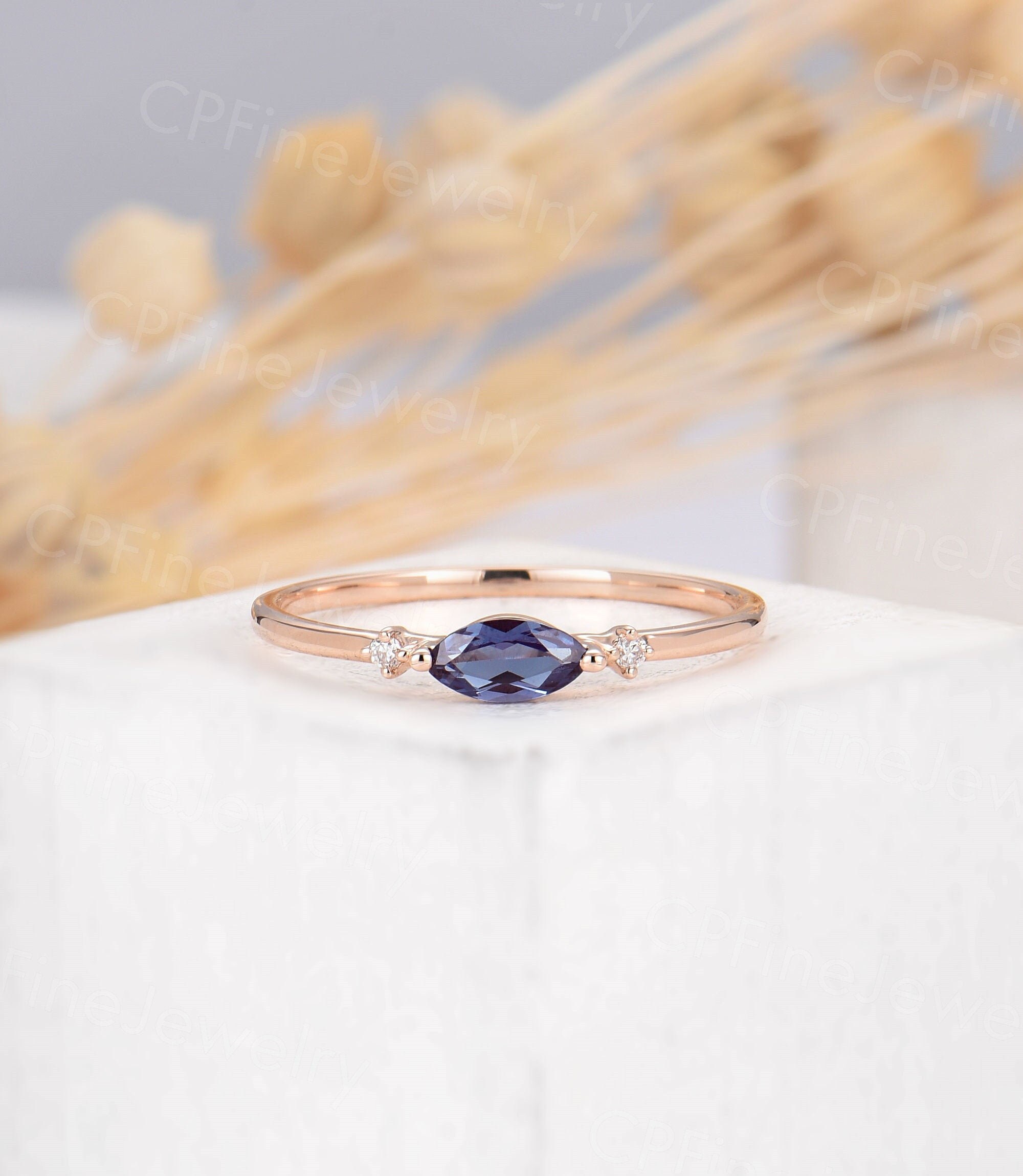 Alexandrite wedding ring marquise cut,vintage diamond band prong set,leaf ring rose gold,milgrain half eternity band,anniversary band