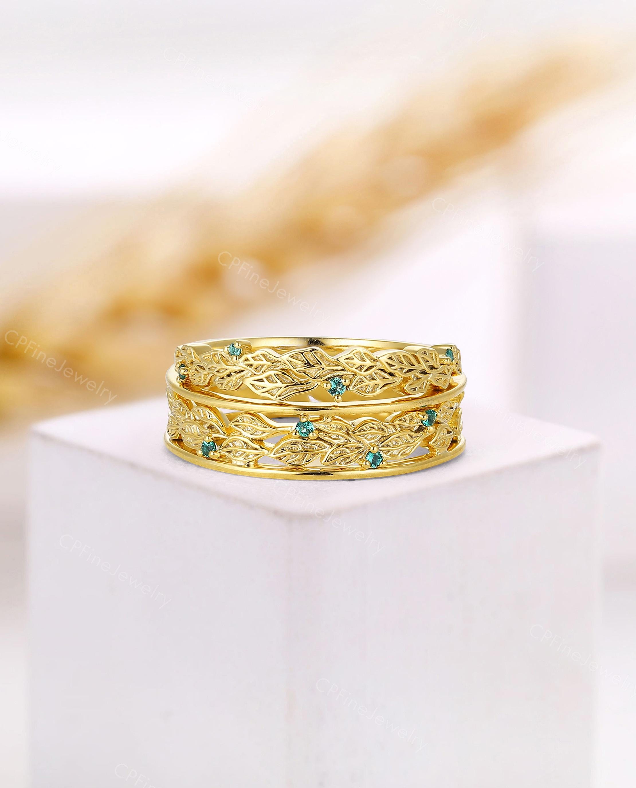 Emerald Leaf Yellow Gold Couples' Band - Nature Inspired
