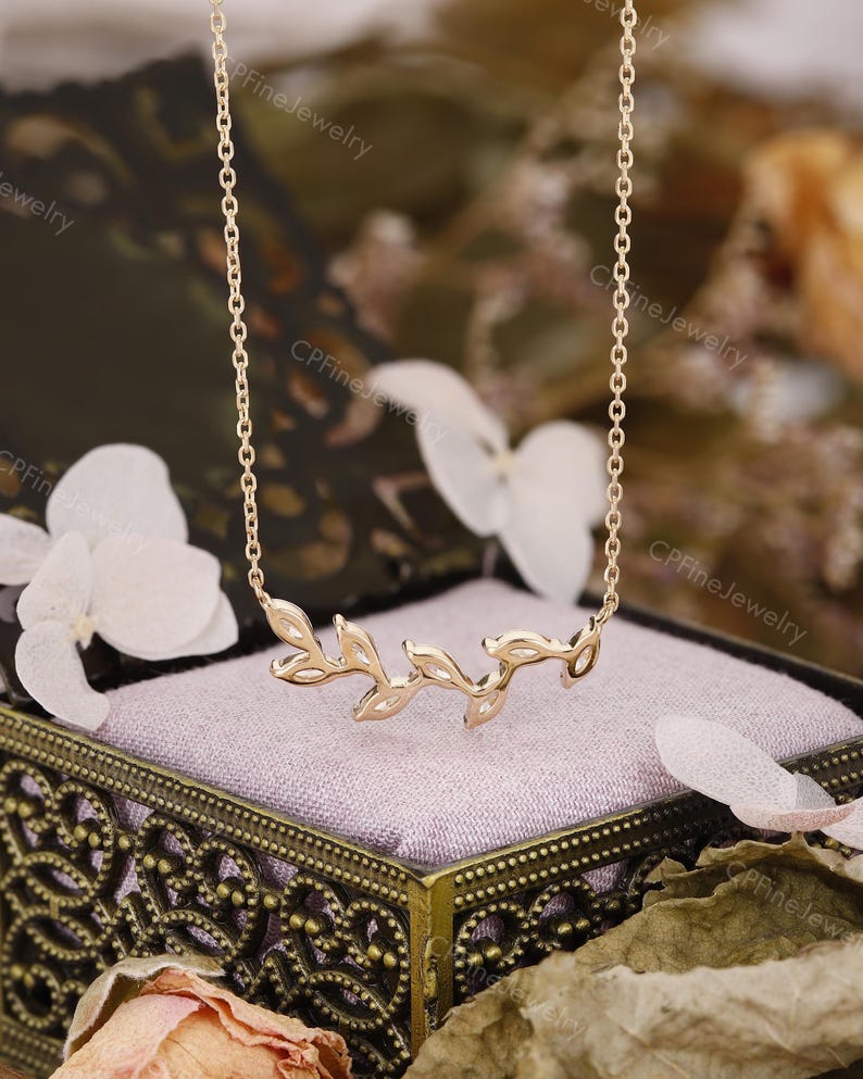 Diamond Leaf Necklace, Dainty Gold Pendent, Moissanite Birthday Gift by CPFineJewelry image 6