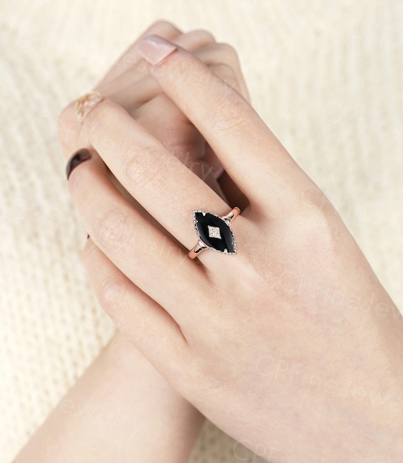Marquise Cut Black Onyx Diamond Engagement Rings Natural Marquise