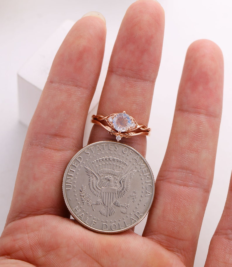 Vintage Moonstone Engagement Ring Set Rose Gold Round Cut Ring Etsy