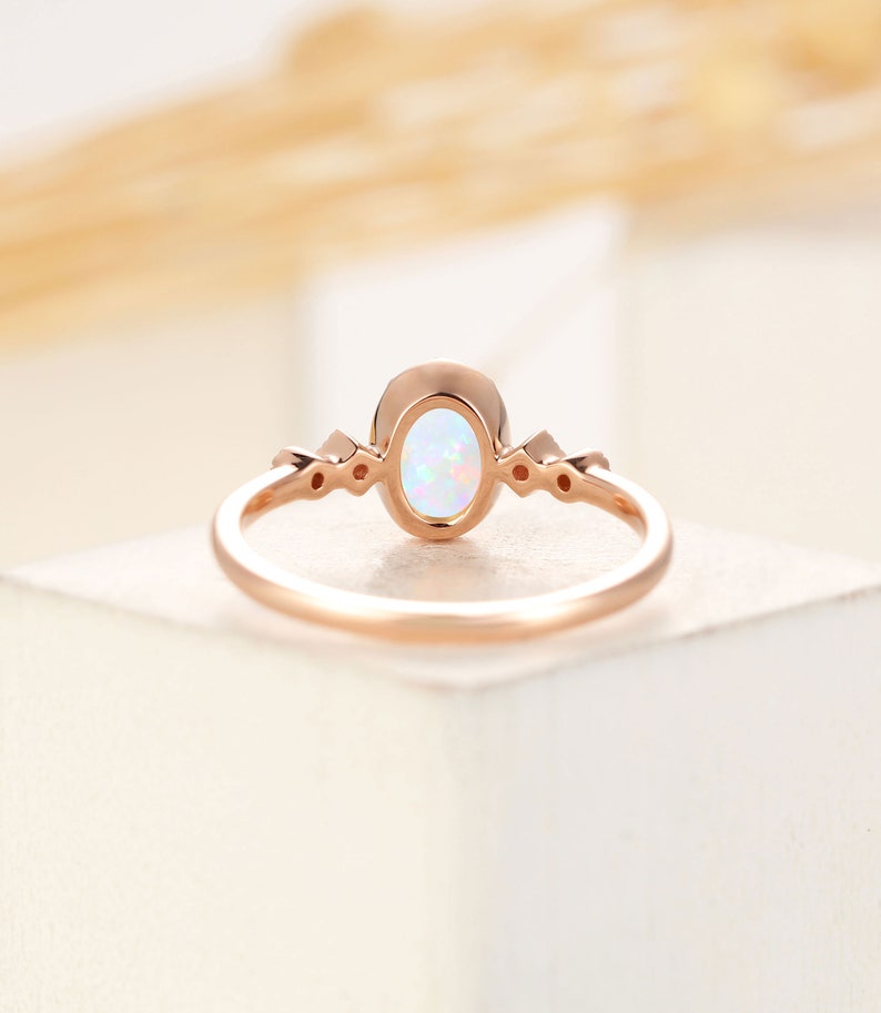 Vintage opal engagement ring oval cut, art deco milgrain diamond ring, rose gold ring, prong set ring, promise ring, anniversary ring image 3