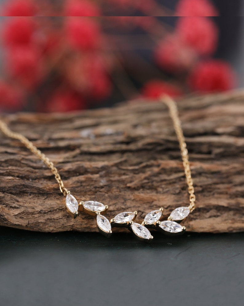 Dainty diamond leaf necklace 14k gold art deco simple leaf shaped pendent birthday gift unique moissanite bridal anniversary promise gift image 1