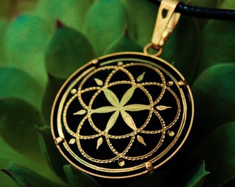 Handmade damascene pendant with gold of seed of life, sacred geometry pendant, gold pendant, handmade pendant
