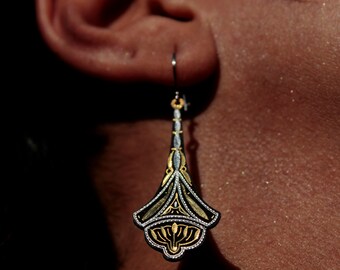 Damascene earrings. Handmade earrings. Gold earrings. Silver earrings. Long earrings. Damascene jewelry. piece of steel.