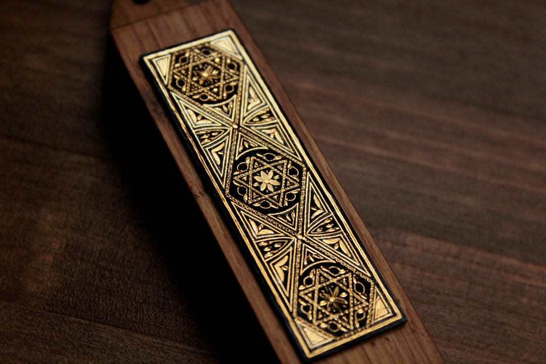 Mezuzah Case 24 Kt Gold Hand Damascene , Mezuzah, Doorpost, Gold and