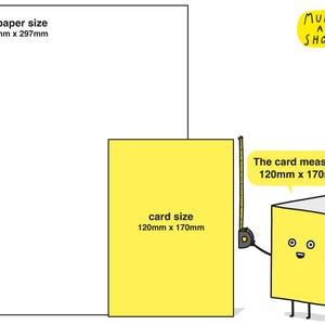 May include: A yellow card measuring 120mm x 170mm is being measured with a tape measure by a cartoon character. The card is on a white background with the text "The card measures 120mm x 170mm" in a speech bubble. The text "card size 120mm x 170mm" is on the card. The text "a4 paper size 210mm x 297mm" is in the top left corner of the image. The text "MUNGO AND SHODDY" is in the top right corner of the image.