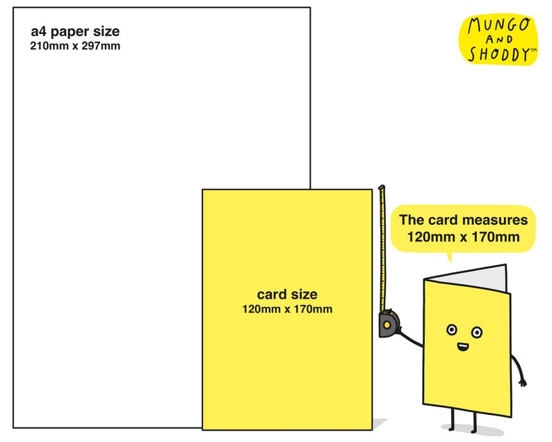 May include: A yellow card measuring 120mm x 170mm is being measured with a tape measure by a cartoon character. The card is on a white background with the text "The card measures 120mm x 170mm" in a speech bubble. The text "card size 120mm x 170mm" is on the card. The text "a4 paper size 210mm x 297mm" is in the top left corner of the image. The text "MUNGO AND SHODDY" is in the top right corner of the image.
