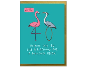 Könnte beinhalten: Eine türkisblaue Grußkarte mit einem rosa Flamingo und einem grauen Reiher, die auf ihren Beinen stehen und die Zahl 40 bilden. Die Karte sagt "Happy Birthday!" und "Nichts sagt 40 wie ein Flamingo und ein knorriger Reiher."