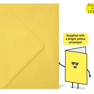 May include: A yellow card with a cartoon face wearing sunglasses. The card is standing next to a yellow envelope. The text on the card says "Supplied with a bright yellow envelope!" and the text on the envelope says "Mungo and Shoddy".