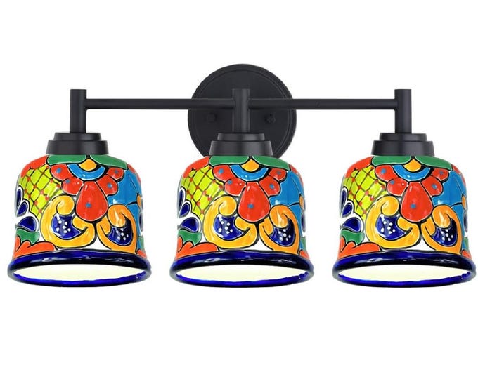 Ceramic Vanity 3-Light | Mexican Talavera Pottery | Vintage Retro Style | Colorful Vanity Light