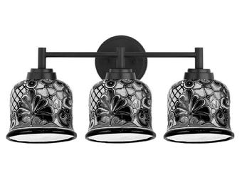 Ceramic Vanity 3-Light | Mexican Talavera Pottery | Vintage Retro Style | Black & White Vanity Light