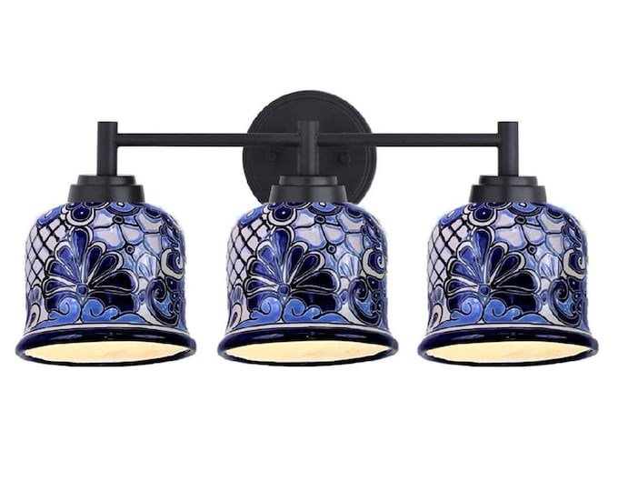 Ceramic Vanity 3-Light | Mexican Talavera Pottery | Vintage Retro Style | Colorful Vanity Light