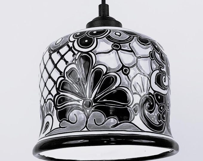 NEW ITEM!!! Ceramic Pendant Light | Mexican Talavera Pottery | Vintage Retro Style | Black and White Hanging Pendant Light Fixture