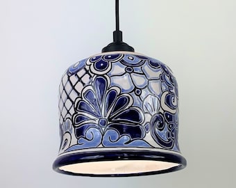 Ceramic Pendant Light | Mexican Talavera Pottery | Vintage Retro Style | Blue and White Hanging Pendant Light Fixture